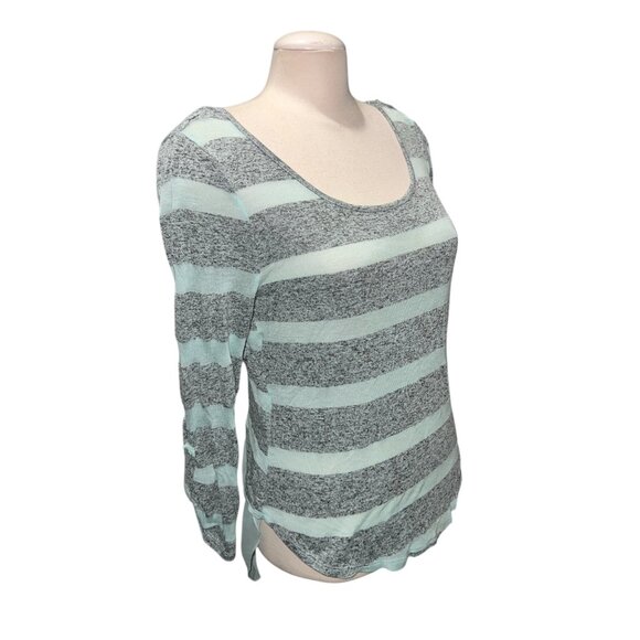 Almost Famous Womens Sheer Back Striped Long Sleeve Top Sz Large Gray & Mint Lig - Picture 3 of 10